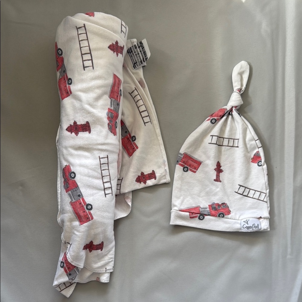 Baby Blanket and Hat Set with Fire Truck Print